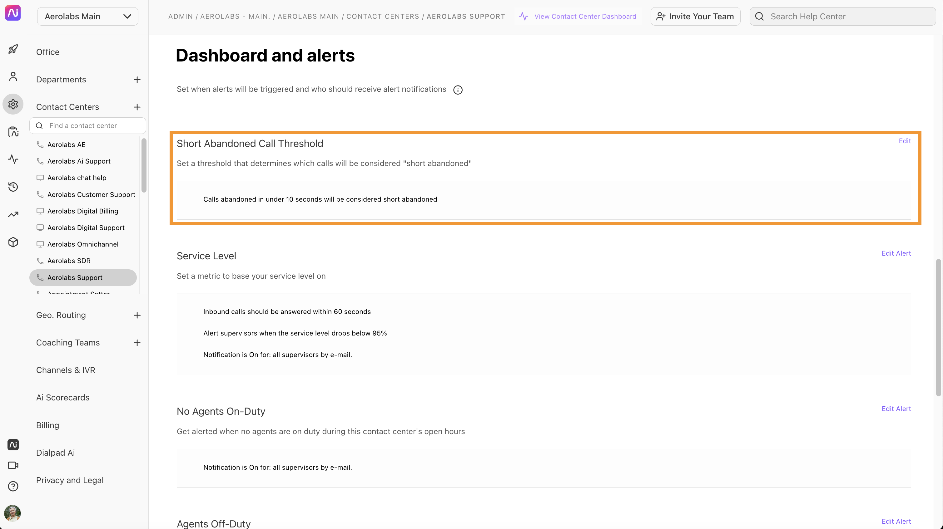 Dashboard displaying call thresholds and service level metrics for contact centers.